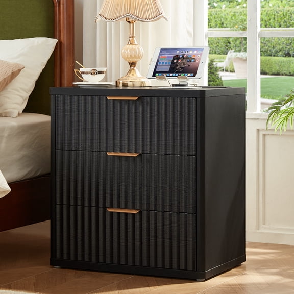LELELINKY Fluted Nightstand with Charging Station, Mid Century Bedside Tables with 3 Drawers, Small End Tables for Living Room, Black