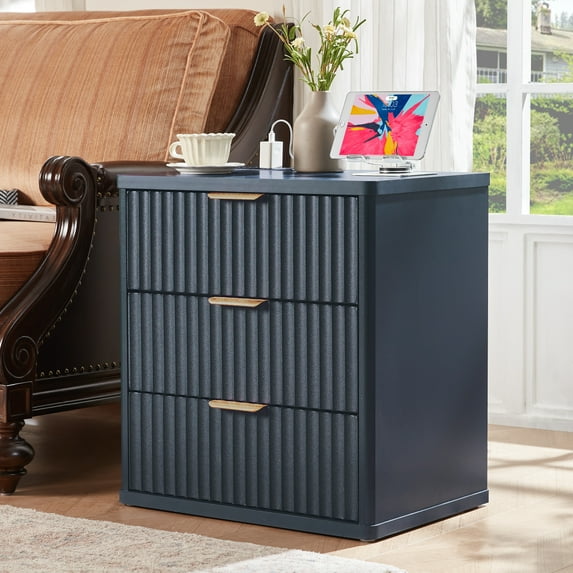 LELELINKY Fluted Nightstand with Charging Station, Mid Century Bedside Tables with 3 Drawers, Small End Tables for Living Room, Blue