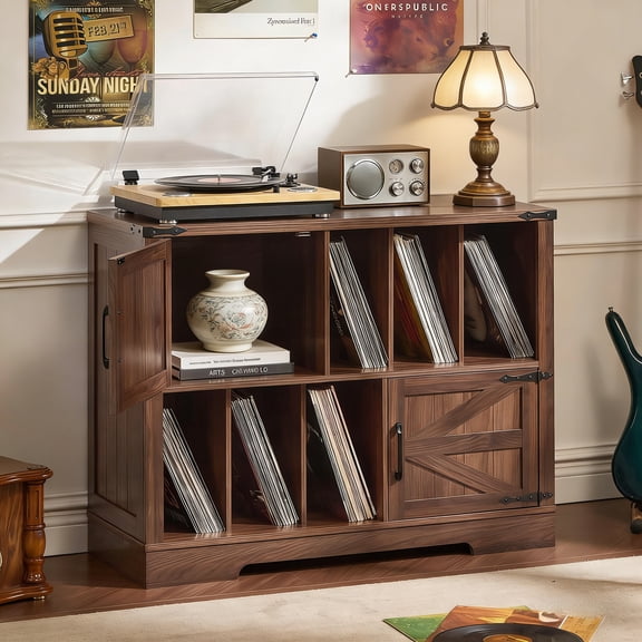 LELELINKY Large Record Player Stand Holds 450 Albums, 39" Farmhouse Wood Storage Cabinet with Barn Doors for Living Room, Brown