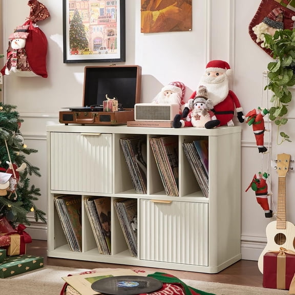 LELELINKY Large Record Player Stand with Storage for 450 LPs, Vinyl Record Storage Cabinet, Wood Fluted Media Cabinet in Antique White