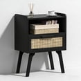 thumbnail image 1 of LELELINKY Mid Century Nightstand with Rattan Accents, Bedside Table with Drawer and Open Shelf, Solid Wood Legs, Black New, 1 of 7
