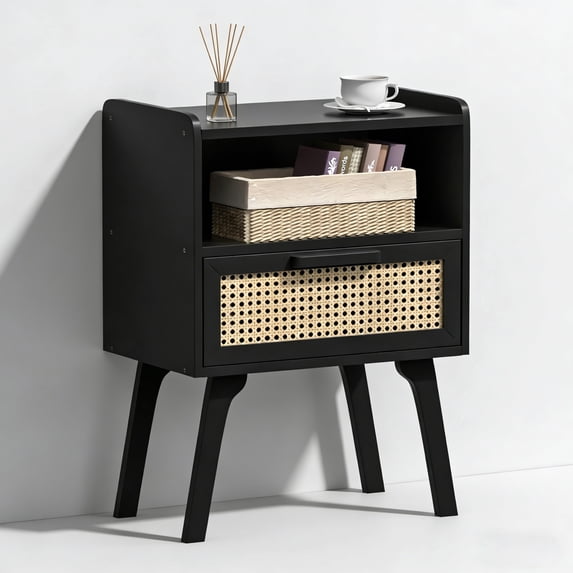 LELELINKY Mid Century Nightstand with Rattan Accents, Bedside Table with Drawer and Open Shelf, Solid Wood Legs, Black New