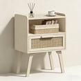 thumbnail image 1 of LELELINKY Mid Century Nightstand with Rattan Accents, Bedside Table with Drawer and Open Shelf, Solid Wood Legs, Grey, 1 of 7