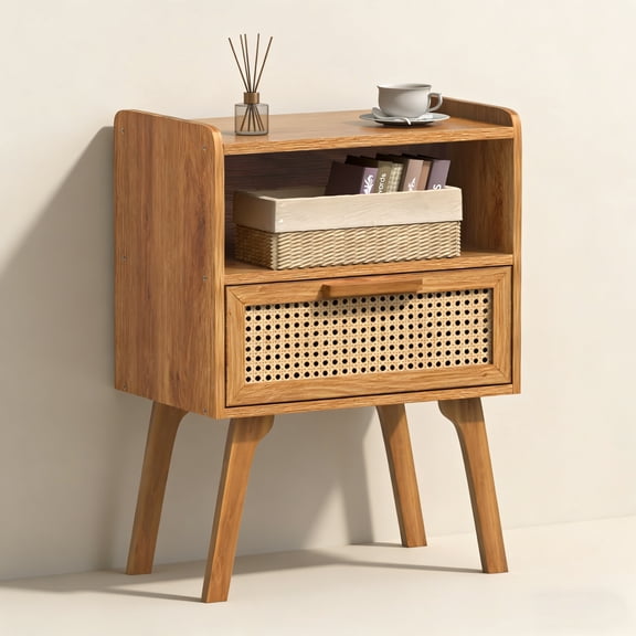 LELELINKY Mid Century Nightstand with Rattan Accents, Bedside Table with Drawer and Open Shelf, Solid Wood Legs, Tea Color