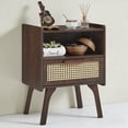 thumbnail image 1 of LELELINKY Mid Century Nightstand with Rattan Accents, Bedside Table with Drawer and Open Shelf, Solid Wood Legs, Walnut, 1 of 7