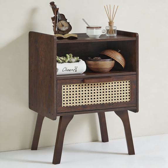 LELELINKY Mid Century Nightstand with Rattan Accents, Bedside Table with Drawer and Open Shelf, Solid Wood Legs, Walnut