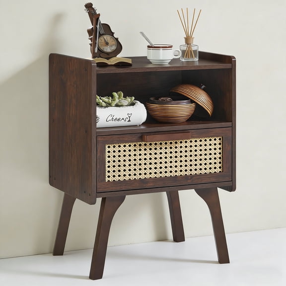 LELELINKY Mid Century Nightstand with Rattan Accents, Bedside Table with Drawer and Open Shelf, Solid Wood Legs, Walnut