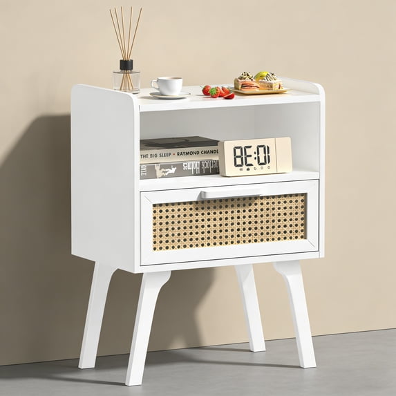 LELELINKY Mid Century Nightstand with Rattan Accents, Bedside Table with Drawer and Open Shelf, Solid Wood Legs, White New
