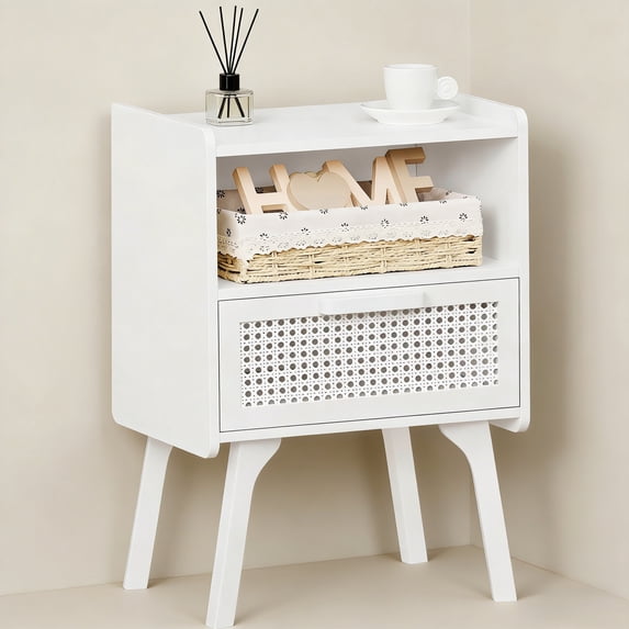 LELELINKY Mid Century Nightstand with Rattan Accents, Bedside Table with Drawer and Open Shelf, Solid Wood Legs, White
