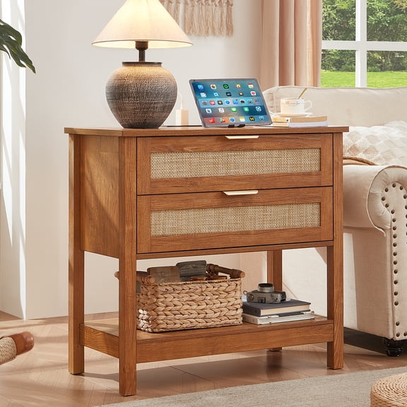 LELELINKY Modern Boho Rattan Nightstand with Charging Station & 2 Drawers - 31.6 Inch Wide Tall Bedside Table for Bedroom, Storage End Table for Living Room, Hallway