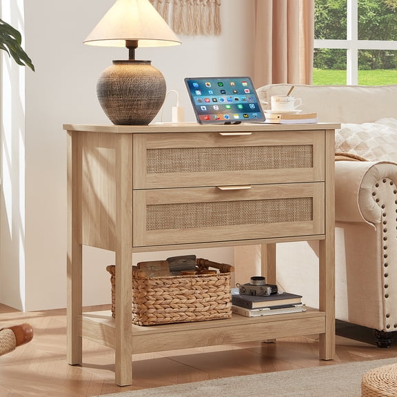 LELELINKY Modern Boho Rattan Nightstand with Charging Station & 2 Drawers - 31.8 Inch Wide Tall Bedside Table for Bedroom, Storage End Table for Living Room, Hallway