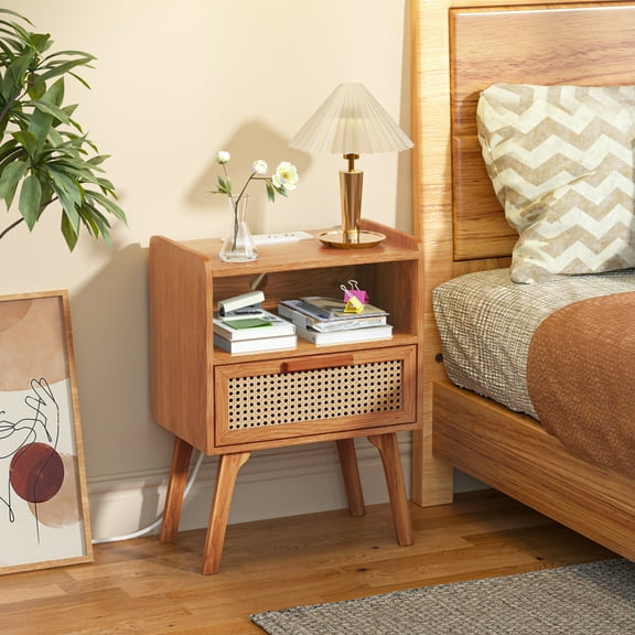 LELELINKY Nightstand with Charging Station, Farmhouse Nightstand with Drawer, Modern Bedside Table, Rattan End Table for Bedroom, Living Room, Tea Brown