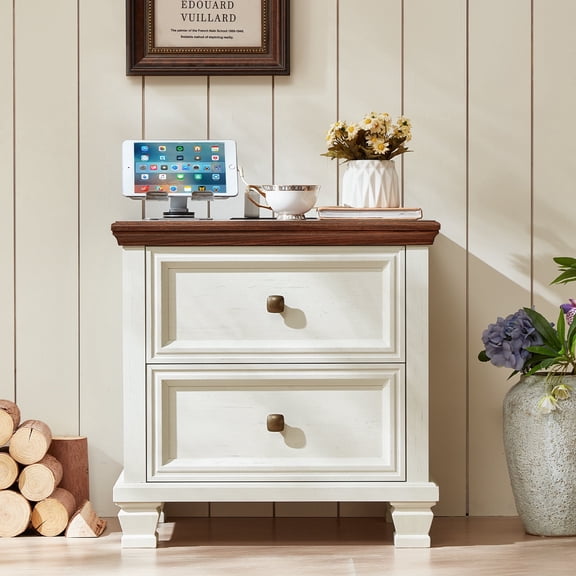 LELELINKY Nightstand with 2 Drawers, Mid-Century Modern Bedside Table with Solid Wood Legs, Rustic White Storage for Bedroom