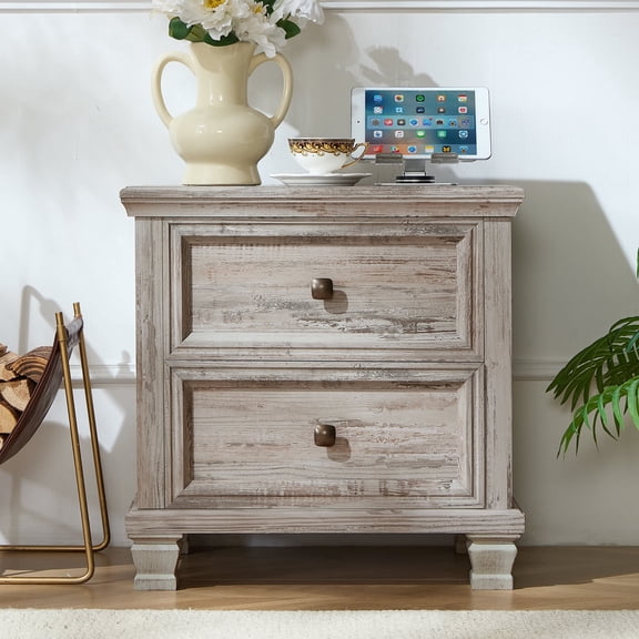 LELELINKY Nightstand with 2 Drawers, Mid-Century Modern Bedside Table with Solid Wood Legs, Rustic Grey Storage for Bedroom