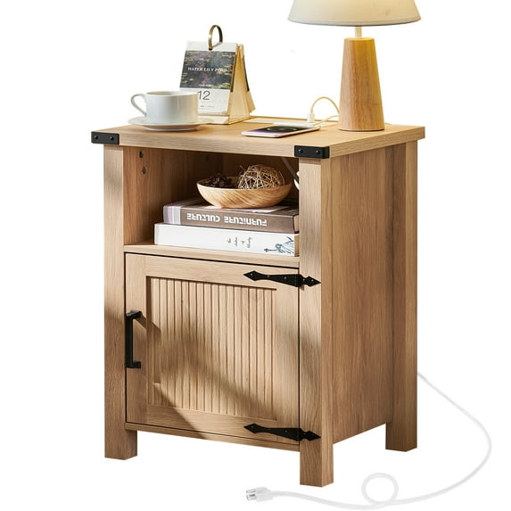 LELELINKY Nightstand with Charging Station, Modern Bedside Table with Drawer and Open Storage Shelf for Bedroom, Natural Oak