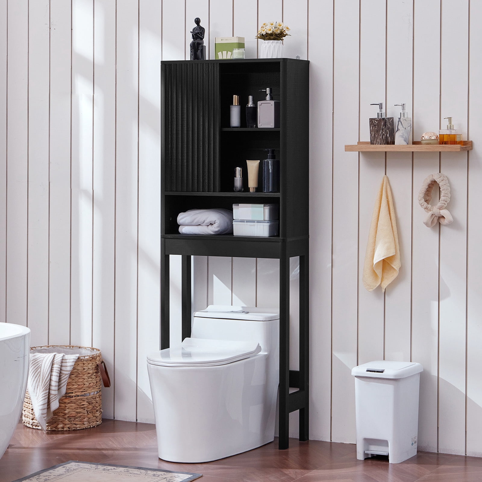 LELELINKY Over The Toilet Storage Cabinet with Rattan Sliding Door, 68" Tall Wood Bathroom Organizer with Adjustable Shelf for Small Spaces, Black