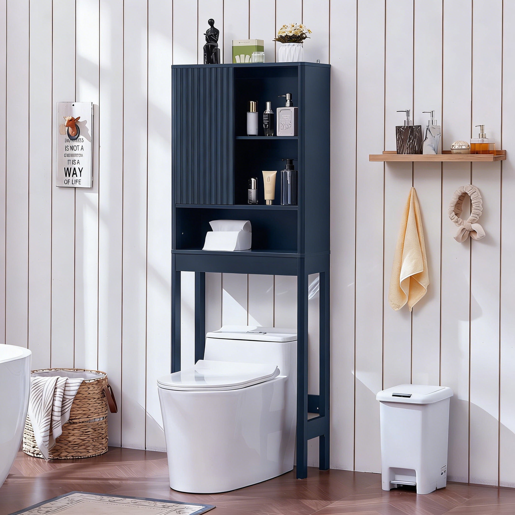 LELELINKY Over The Toilet Storage Cabinet with Rattan Sliding Door, 68" Tall Wood Bathroom Organizer with Adjustable Shelf for Small Spaces, Blue