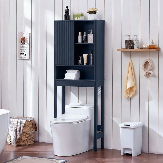LELELINKY Over The Toilet Storage Cabinet with Rattan Sliding Door, 68" Tall Wood Bathroom Organizer with Adjustable Shelf for Small Spaces, Blue