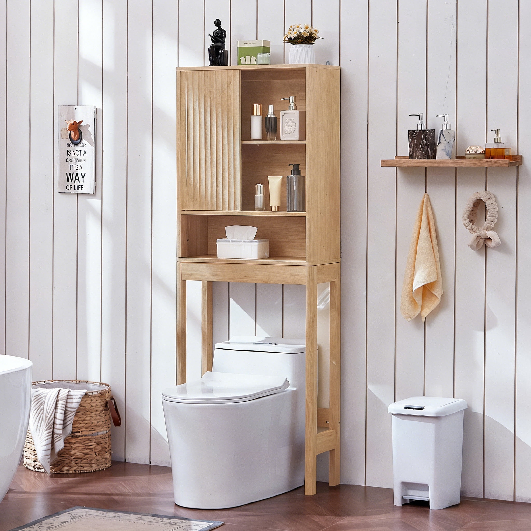 LELELINKY Over The Toilet Storage Cabinet with Rattan Sliding Door, 68" Tall Wood Bathroom Organizer with Adjustable Shelf for Small Spaces, Natural