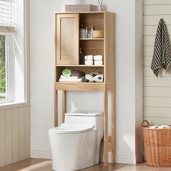 LELELINKY Over The Toilet Storage Cabinet with Rattan Sliding Door, 68" Tall Wood Bathroom Organizer with Adjustable Shelf for Small Spaces, Natural