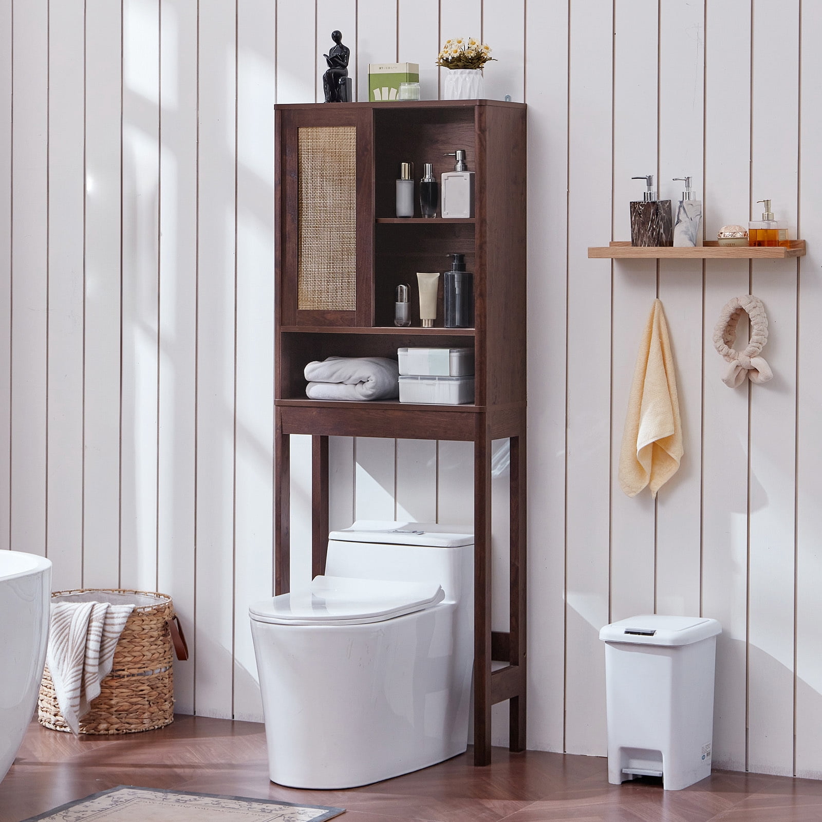 LELELINKY Over The Toilet Storage Cabinet with Rattan Sliding Door, 68" Tall Wood Bathroom Organizer with Adjustable Shelf for Small Spaces, Walnut