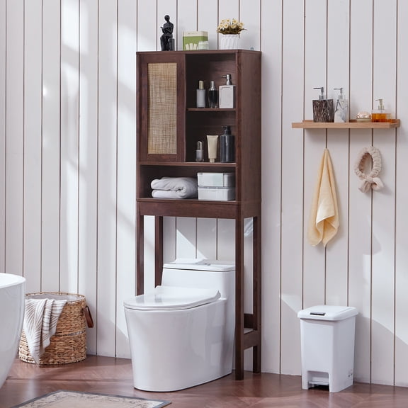 LELELINKY Over The Toilet Storage Cabinet with Rattan Sliding Door, 68" Tall Wood Bathroom Organizer with Adjustable Shelf for Small Spaces, Walnut