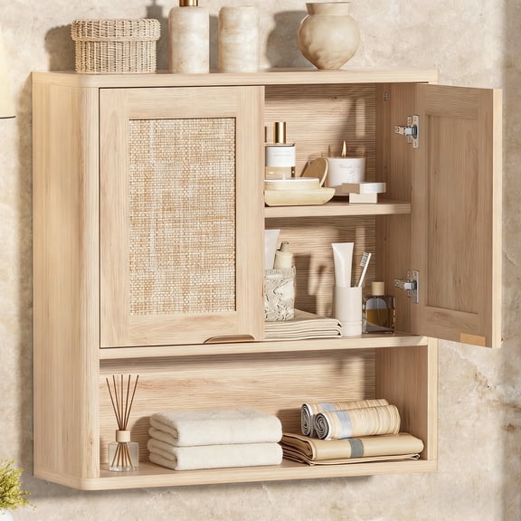 LELELINKY Rattan Wood Bathroom Wall Cabinet with Adjustable Shelf, Boho Medicine Cabinet for over Toilet Storage, Laundry Room, Natural