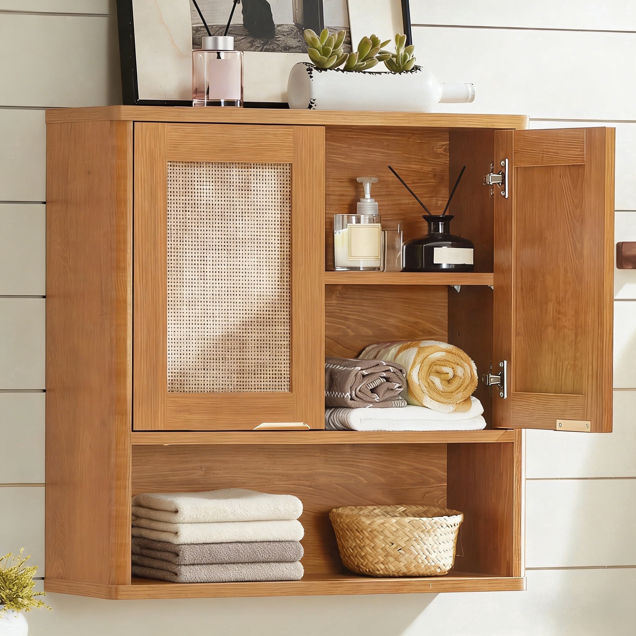 LELELINKY Rattan Wood Bathroom Wall Cabinet with Adjustable Shelf, Boho Medicine Cabinet for over Toilet Storage, Laundry Room, TeaC
