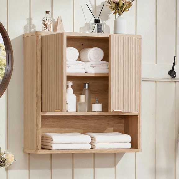 LELELINKY Rattan Wood Bathroom Wall Cabinet with Adjustable Shelf, Boho Medicine Cabinet for Over-Toilet Storage, Laundry Room, Wood