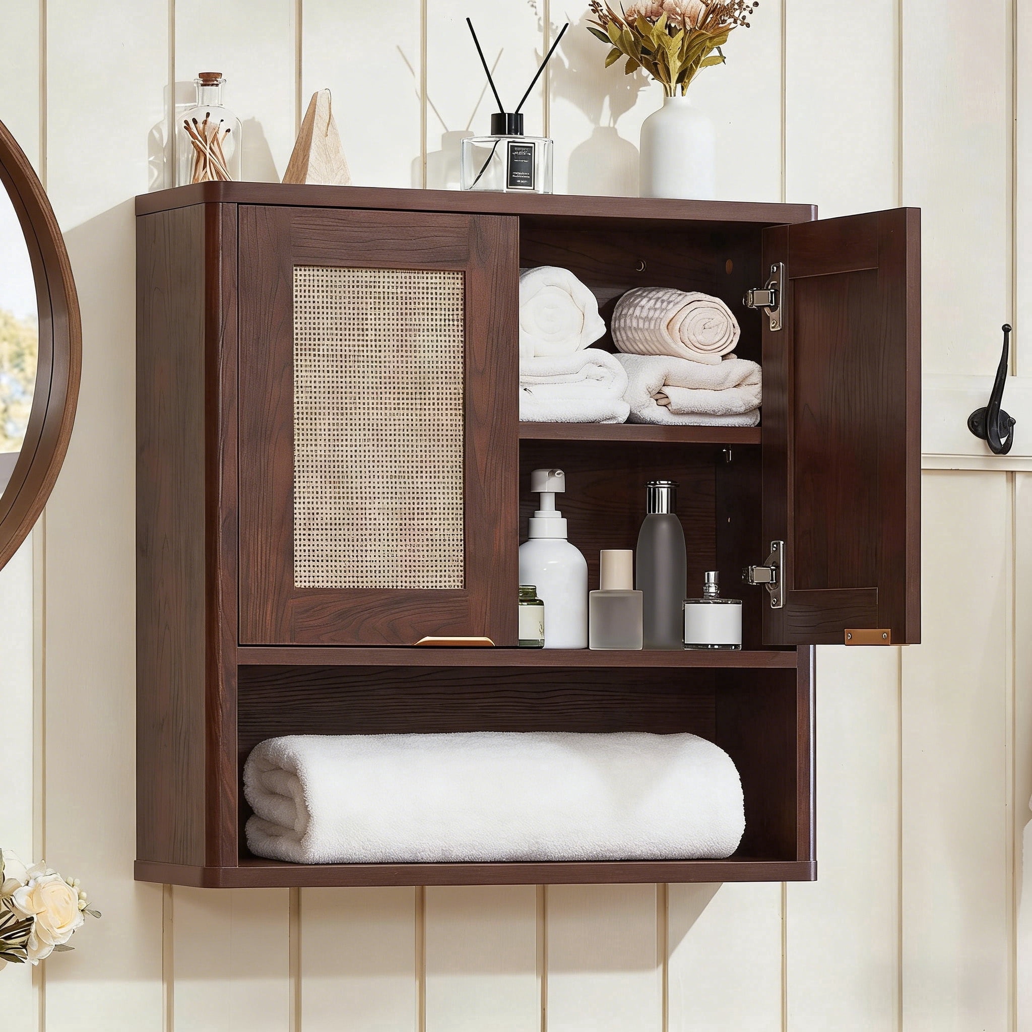 LELELINKY Rattan Wood Bathroom Wall Cabinet with Adjustable Shelf, Boho Medicine Cabinet for over Toilet Storage, Laundry Room, Walnut