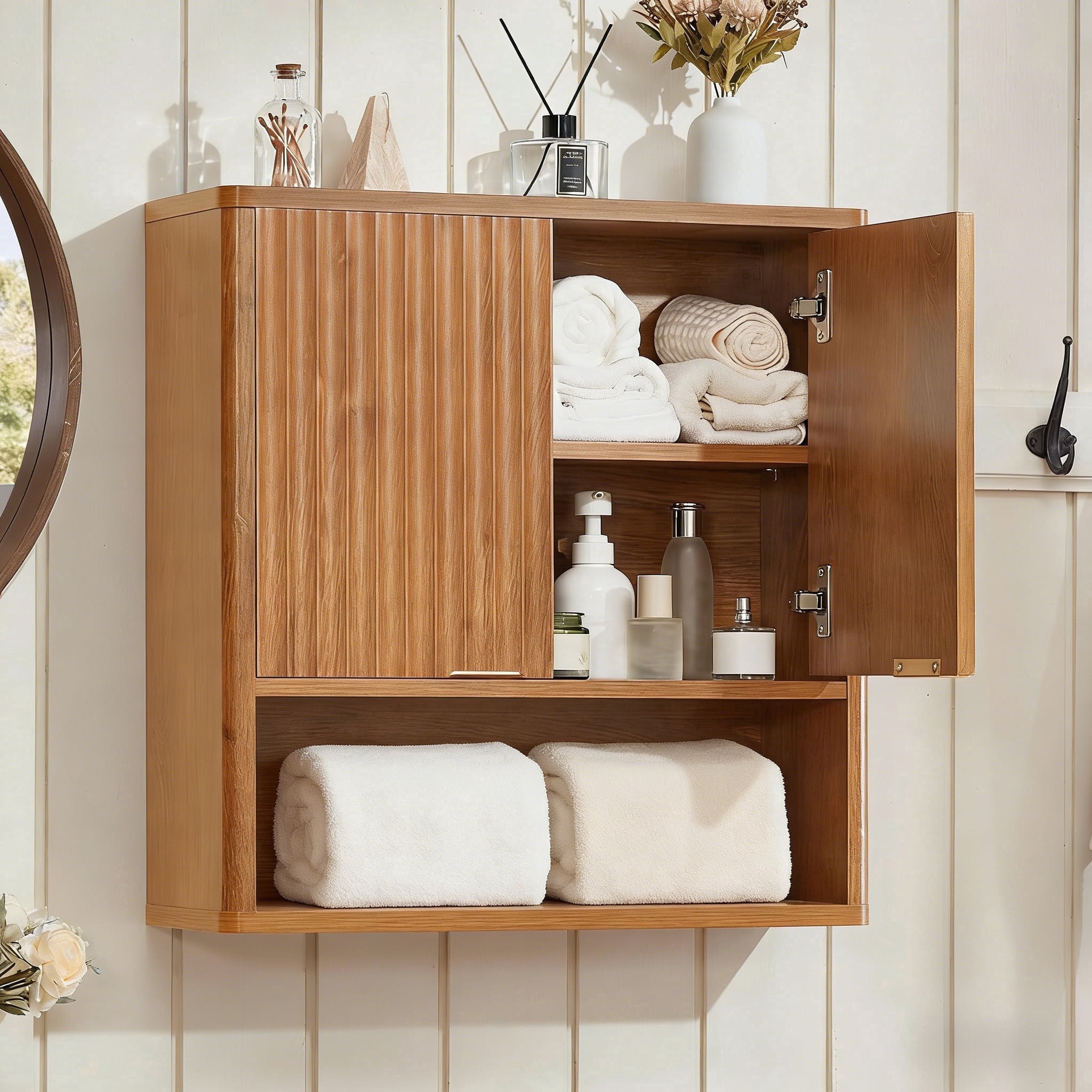 LELELINKY Rattan Wood Bathroom Wall Cabinet with Adjustable Shelf, Boho Medicine Cabinet for Over-Toilet Storage, Laundry Room, Tea Color