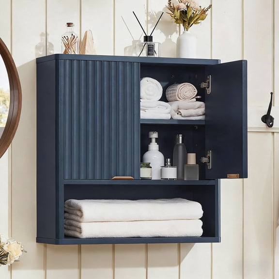 LELELINKY Wood Bathroom Wall Cabinet with Adjustable Shelf, Boho Medicine Cabinet for Over-Toilet Storage, Laundry Room, Blue