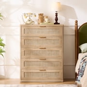 LELELINKY Rattan Dresser for Bedroom, 41" Tall Dressers Chest of Drawers, Boho Small Dressers with 5 Drawers, Grey White Dresser Wooden Closet Organizer for Living Room, Hallway