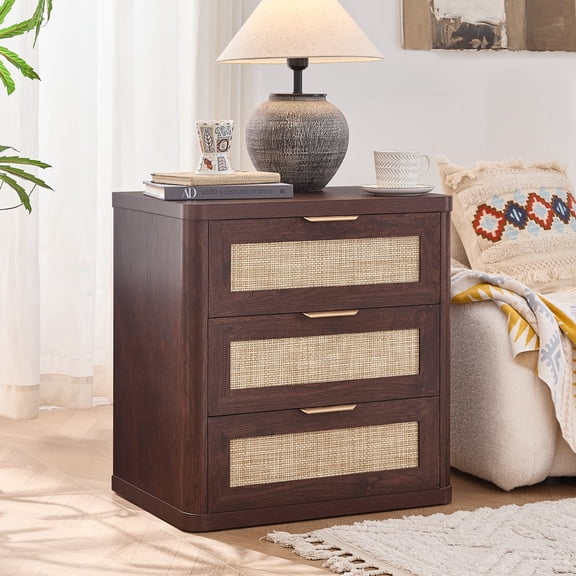 LELELINKY Rattan Night Stand , 23" Large 3 Drawer Boho Nightstand, Walnut Bed Side End Tables for Bedroom