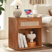 LELELINKY Rattan Nightstand with Charging Station, 23" Wide Bedside Table with Drawer & Open Shelf, Boho Modern Nightstand for Bedroom, Living Room, Hallway