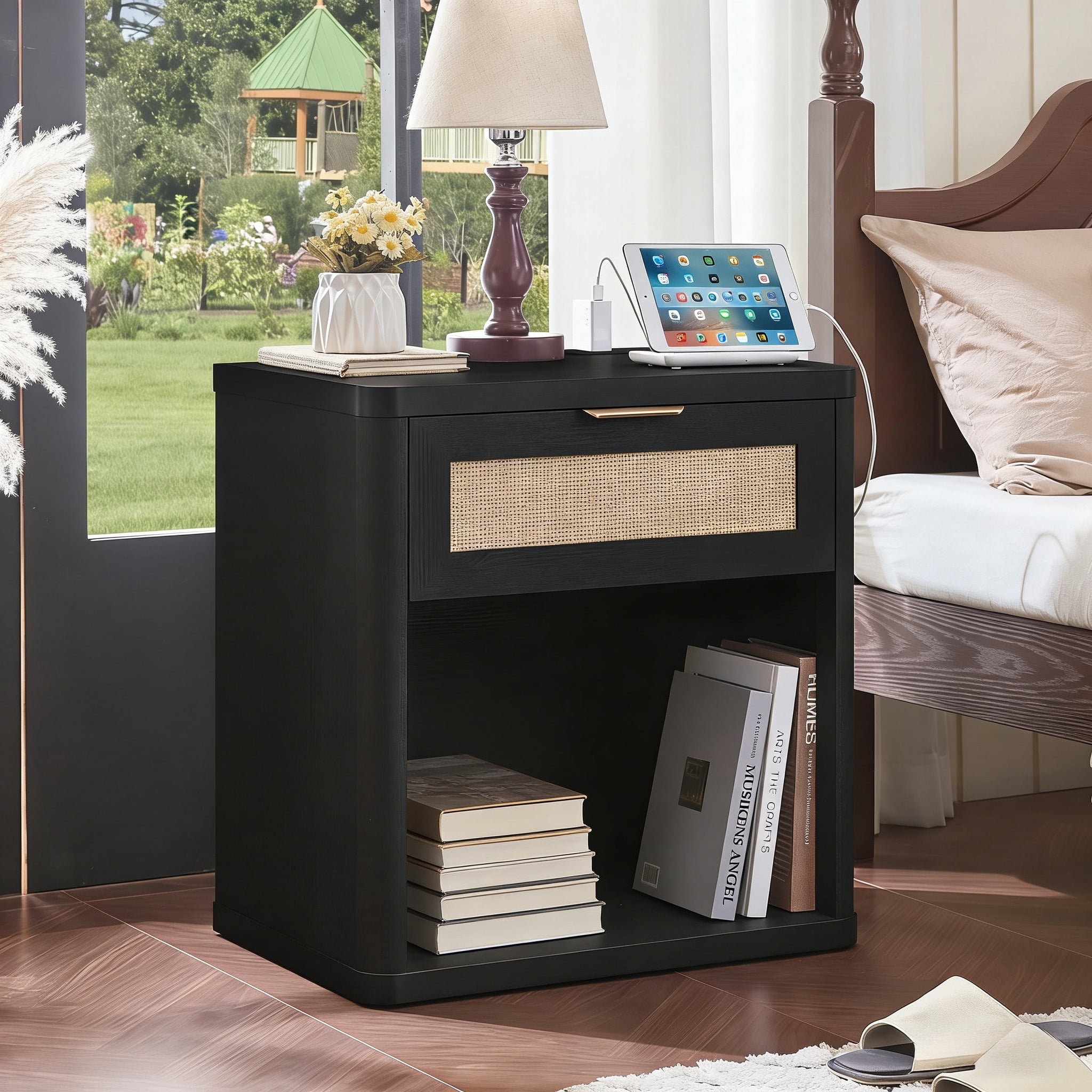 LELELINKY Rattan Nightstand with Charging Station, 23" Wide Boho Bedside Table with Drawer and Shelf for Bedroom, Living Room, Black