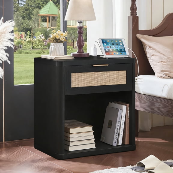 LELELINKY Rattan Nightstand with Charging Station, 23" Wide Boho Bedside Table with Drawer and Shelf for Bedroom, Living Room, Black