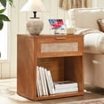 thumbnail image 1 of LELELINKY Rattan Nightstand with Charging Station, 23" Wide Boho Bedside Table with Drawer and Shelf for Bedroom, Living Room, Tea Color, 1 of 8
