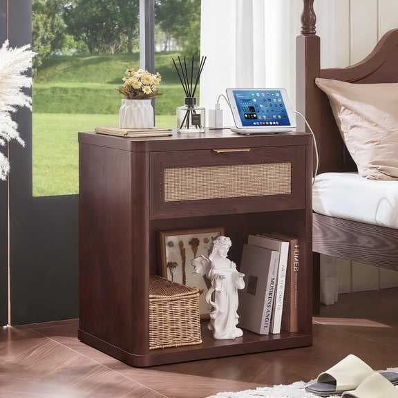 LELELINKY Rattan Nightstand with Charging Station, 23" Wide Boho Bedside Table with Drawer and Shelf for Bedroom, Living Room, Walnut