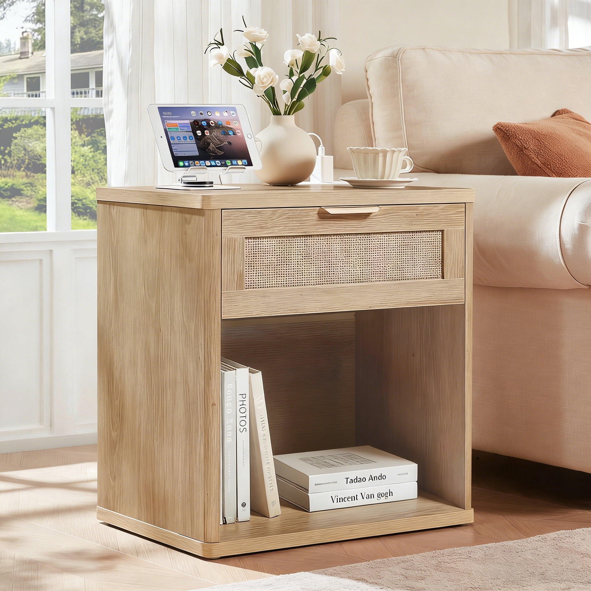 LELELINKY Rattan Nightstand with Charging Station, 23" Wide Boho Bedside Table with Drawer and Shelf for Bedroom, Living Room, Wood