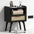 thumbnail image 1 of LELELINKY Rattan Nightstand with Charging Station, Boho Bedside Table with Handmade Drawer & Open Shelf for Bedroom, Black New, 1 of 7