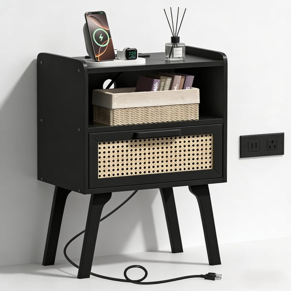 LELELINKY Rattan Nightstand with Charging Station, Boho Bedside Table with Handmade Drawer & Open Shelf for Bedroom, Black New