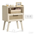 thumbnail image 1 of LELELINKY Rattan Nightstand with Charging Station, Boho Bedside Table with Handmade Drawer & Open Shelf for Bedroom, Grey, 1 of 7