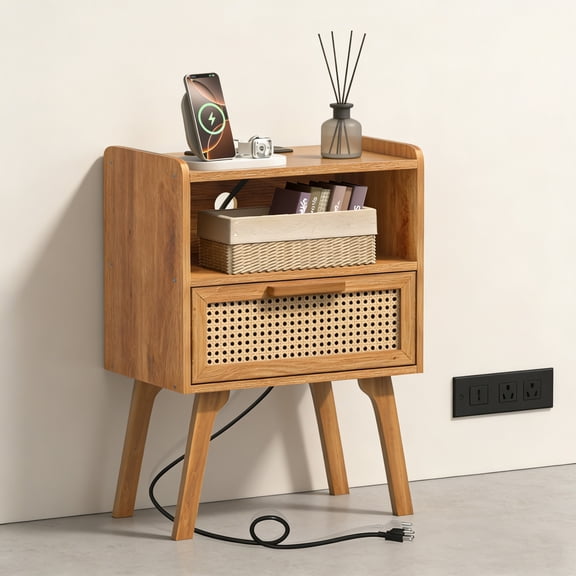 LELELINKY Rattan Nightstand with Charging Station, Boho Bedside Table with Handmade Drawer & Open Shelf for Bedroom, Tea Color