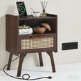 thumbnail image 1 of LELELINKY Rattan Nightstand with Charging Station, Boho Bedside Table with Handmade Drawer & Open Shelf for Bedroom, Walnut, 1 of 7