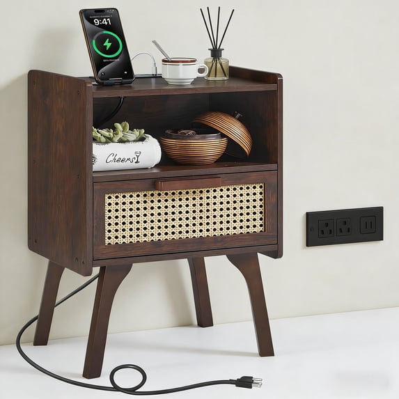 LELELINKY Rattan Nightstand with Charging Station, Boho Bedside Table with Handmade Drawer & Open Shelf for Bedroom, Walnut