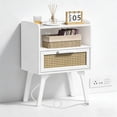 thumbnail image 1 of LELELINKY Rattan Nightstand with Charging Station, Boho Bedside Table with Handmade Drawer & Open Shelf for Bedroom, White New, 1 of 7