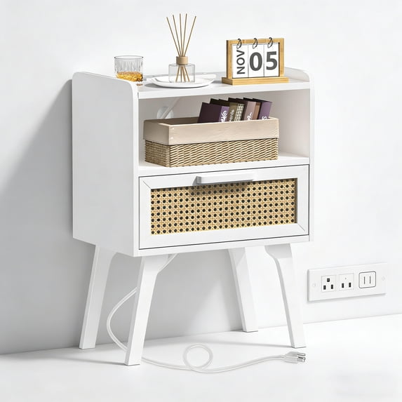 LELELINKY Rattan Nightstand with Charging Station, Boho Bedside Table with Handmade Drawer & Open Shelf for Bedroom, White New