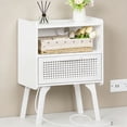 thumbnail image 1 of LELELINKY Rattan Nightstand with Charging Station, Boho Bedside Table with Handmade Drawer & Open Shelf for Bedroom, White, 1 of 7