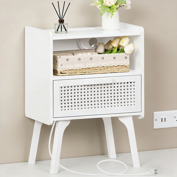 LELELINKY Rattan Nightstand with Charging Station, Boho Bedside Table with Handmade Drawer & Open Shelf for Bedroom, White